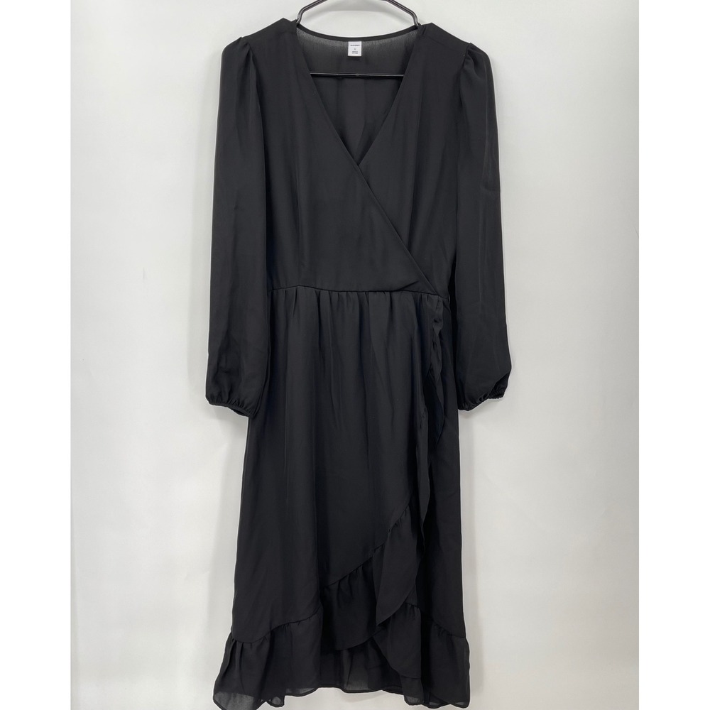 Old Navy Black Dress Long Sleeve Ruffle Hem V Neck Wrap Size Small